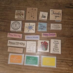 Lot Of 16 Wooden Stamps With 3 Unopened Ink Pads!